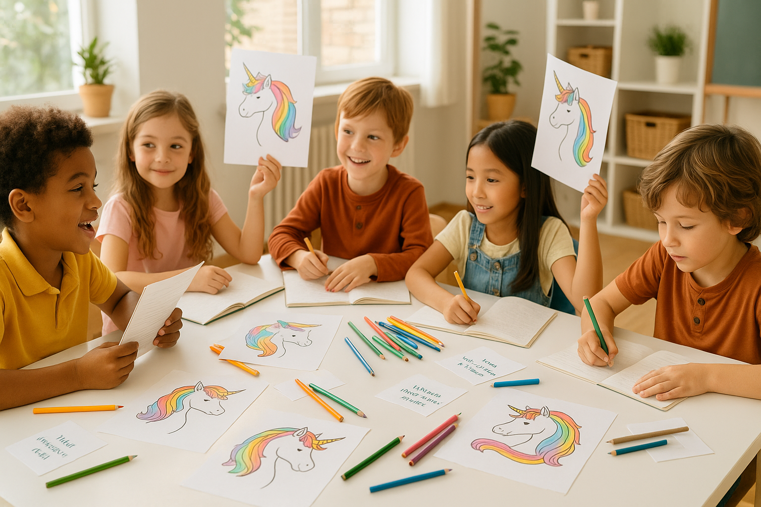 Children sitting around a table with colored unicorn pages, writing in notebooks and sharing stories during a creative workshop