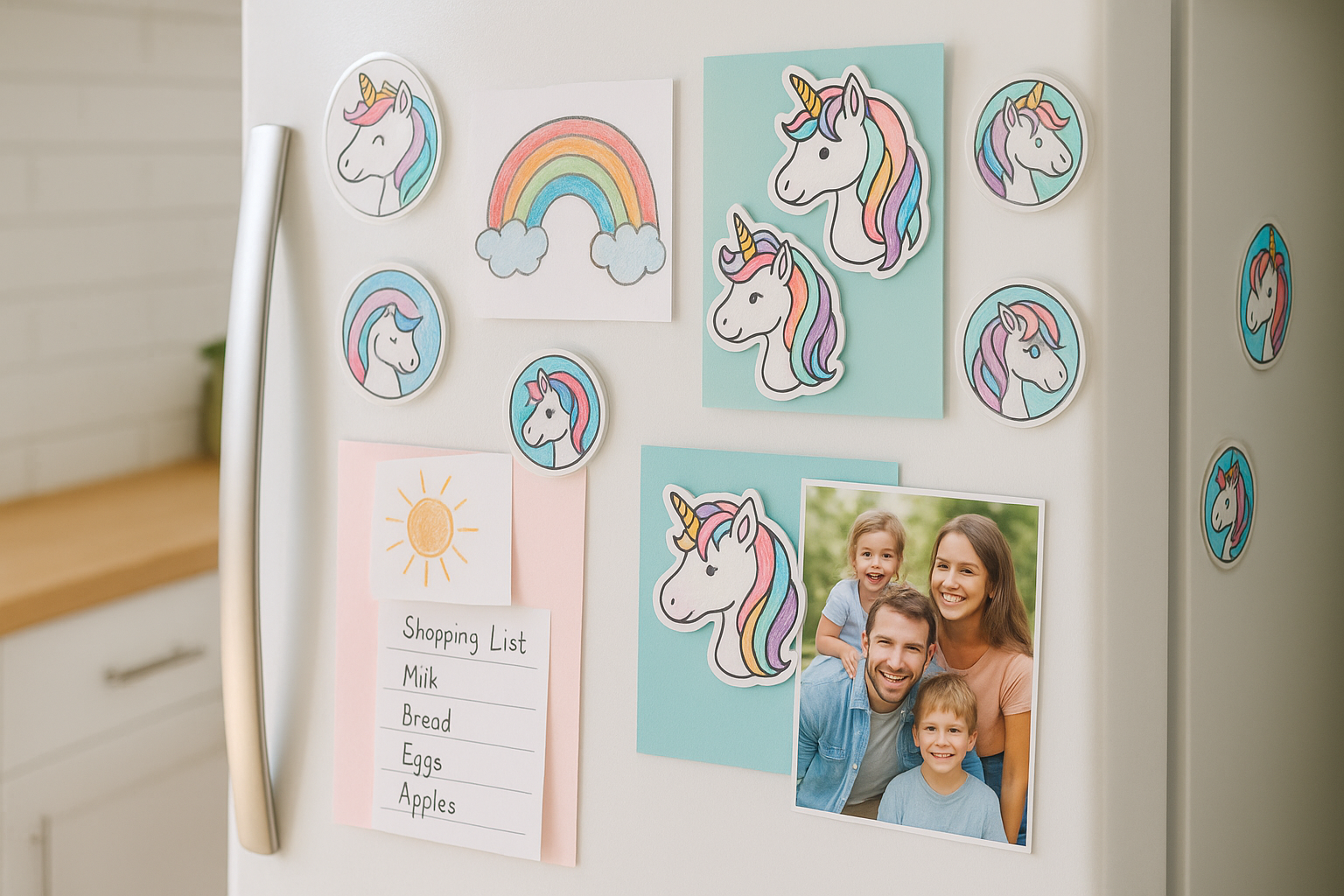 White refrigerator with colorful unicorn magnets holding children's artwork and family notes