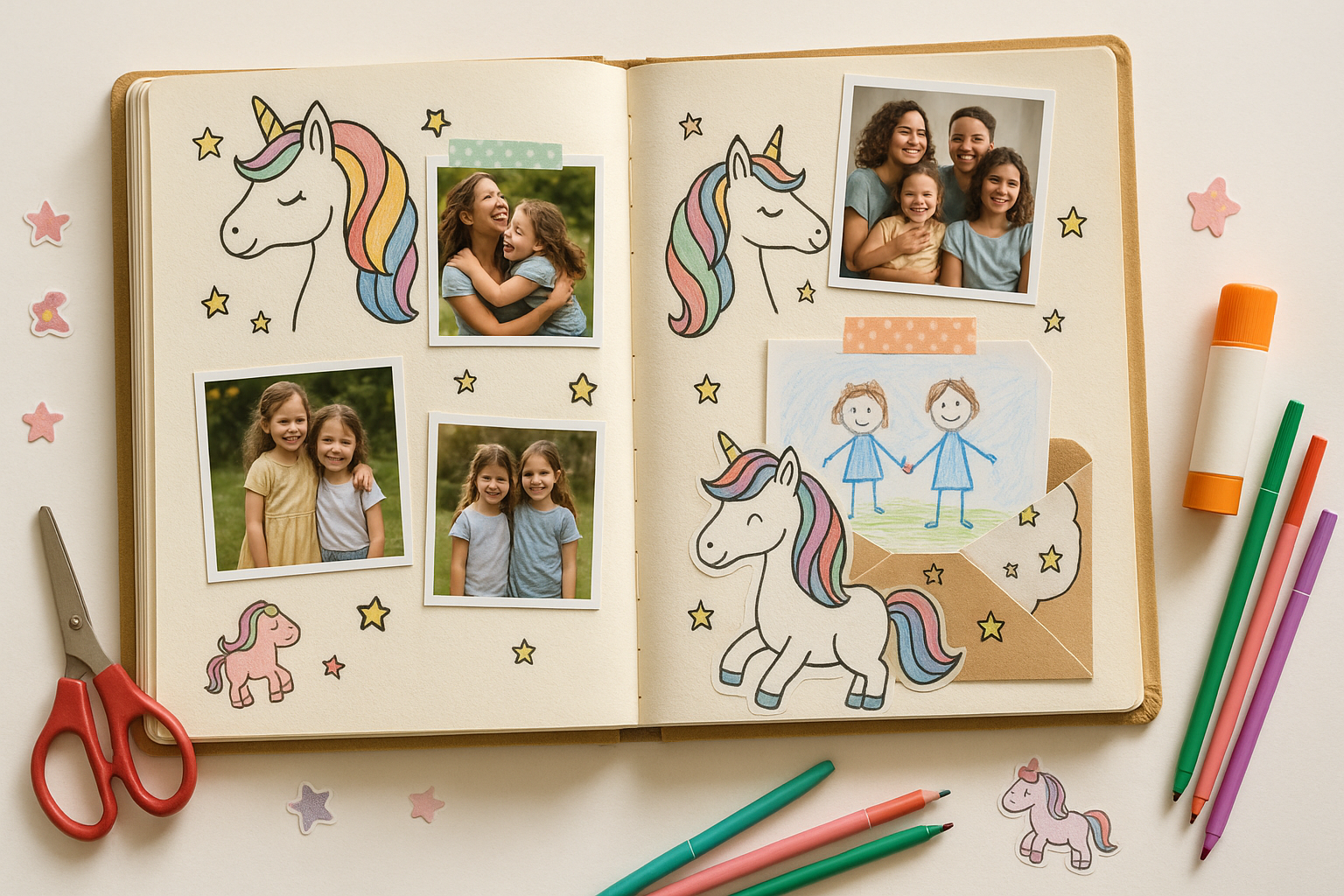 Open scrapbook showing unicorn coloring pages alongside family photos and handwritten memories