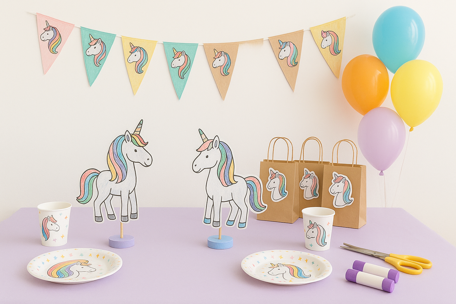 Birthday party table setup with unicorn-themed decorations including banner, centerpieces, and table settings