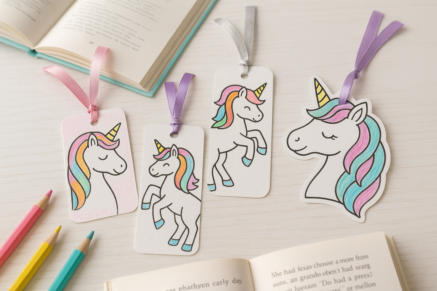 Colorful unicorn bookmarks made from coloring pages with different cutting styles and ribbon attachments
