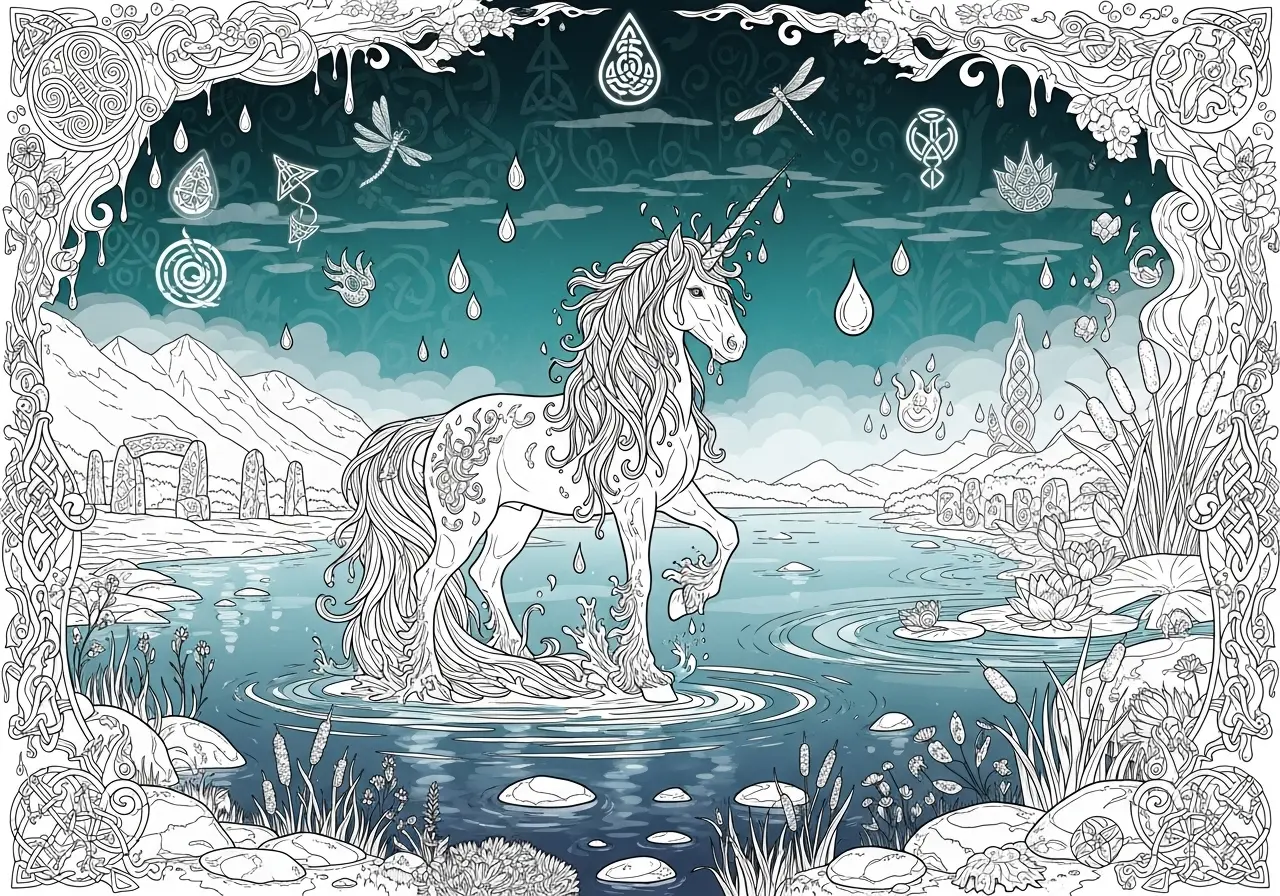 Water spirit unicorns with flowing manes and lake backgrounds