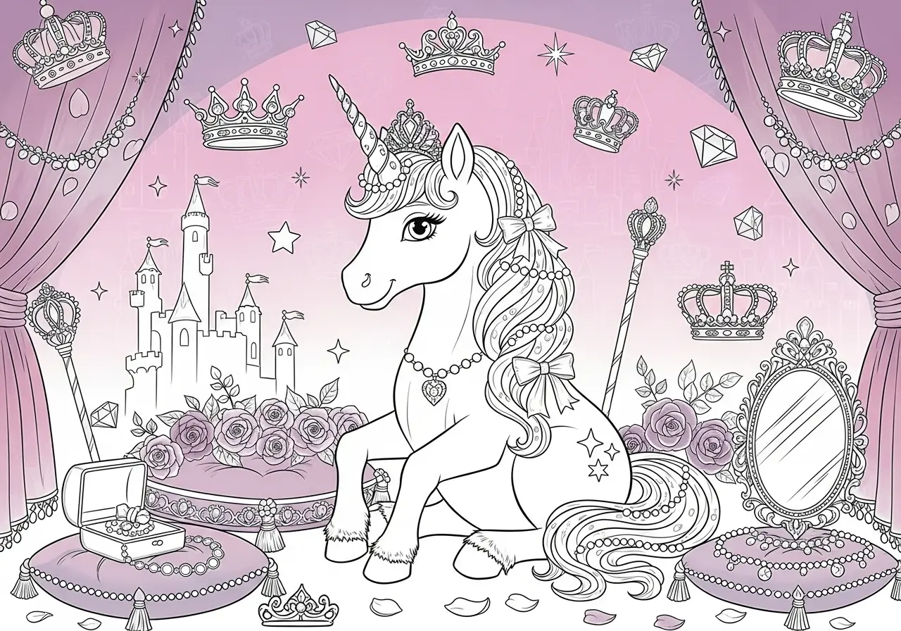 Royal unicorns with crowns, castles, and magical kingdoms