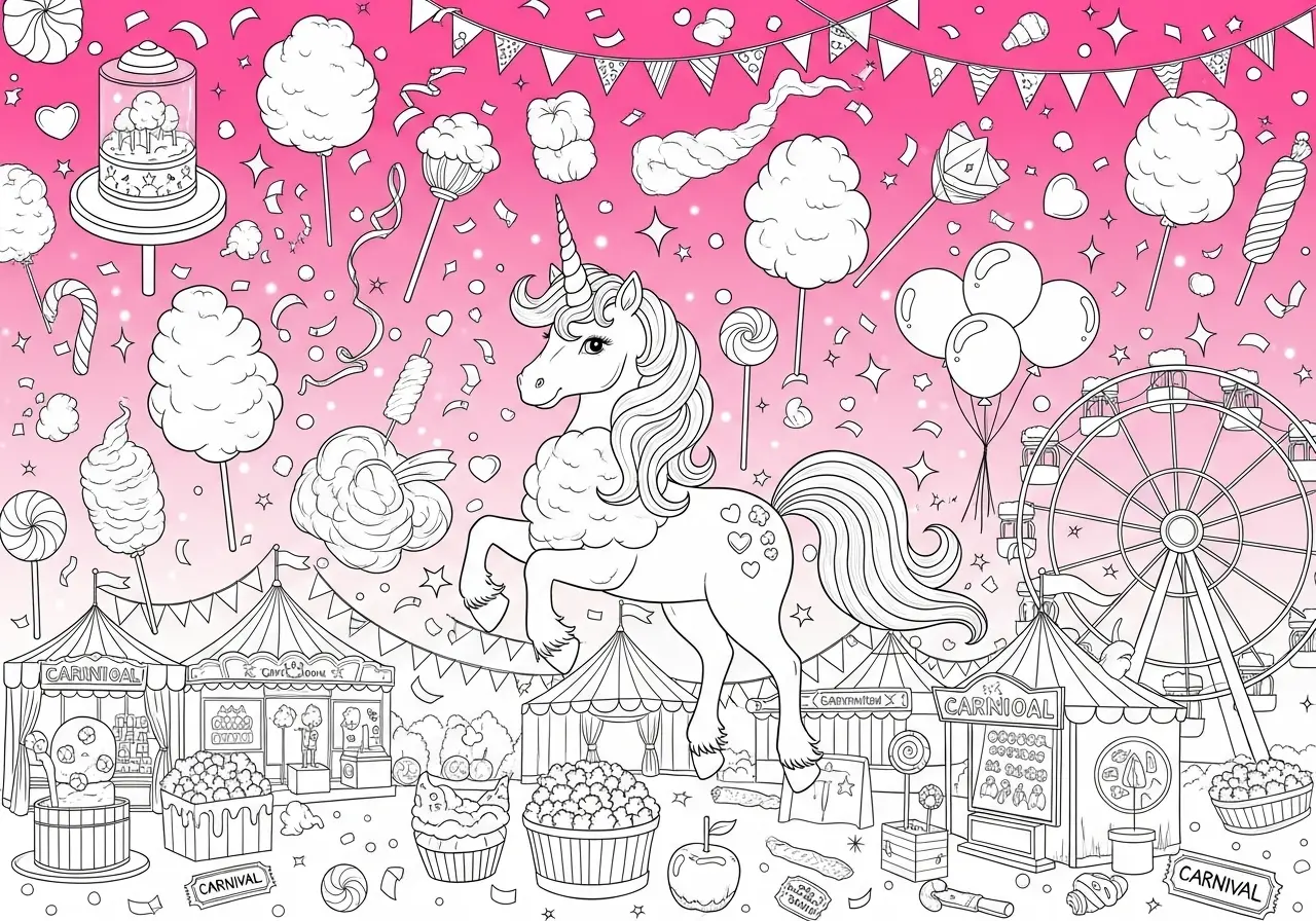 Fluffy unicorns with cotton candy manes and carnival themes
