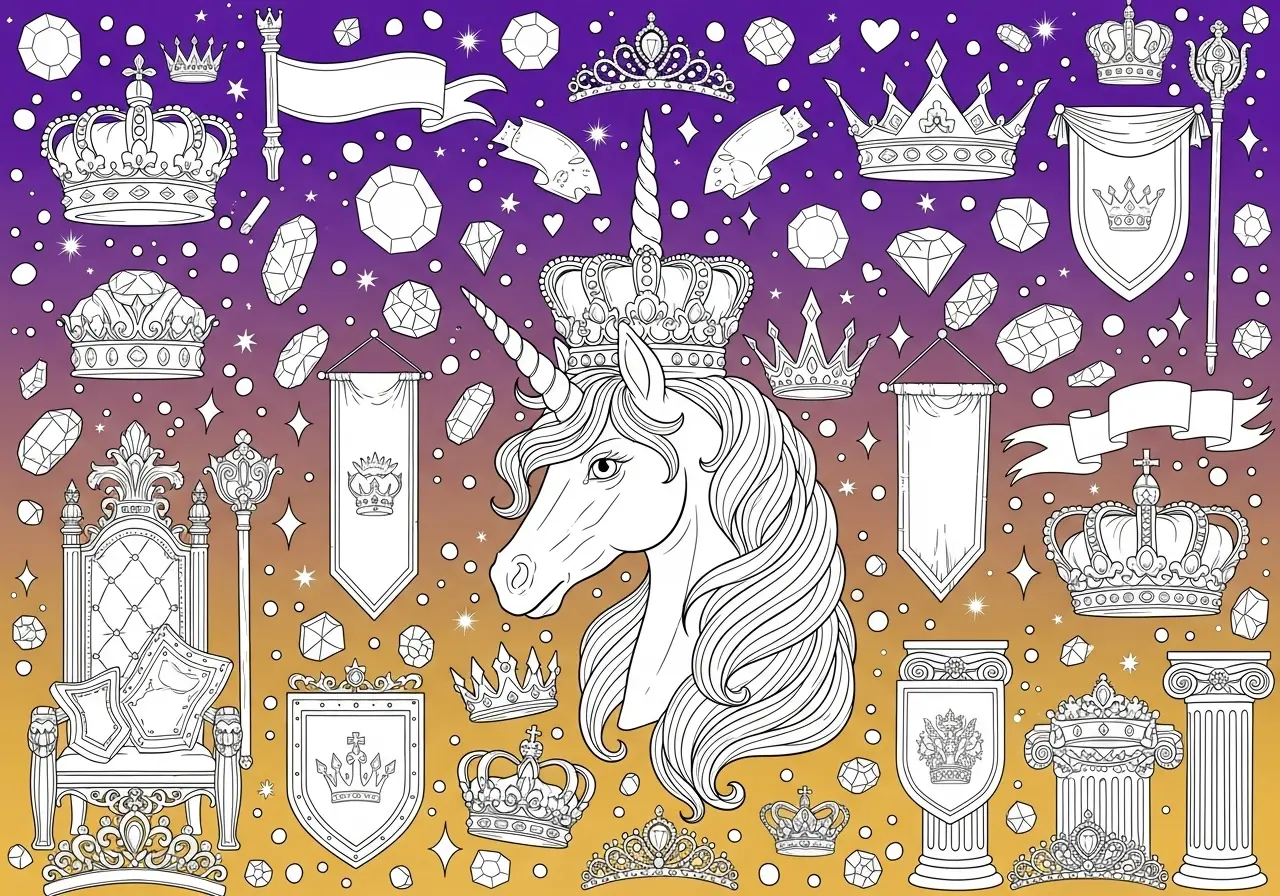Royal unicorns wearing beautiful jeweled crowns and tiaras