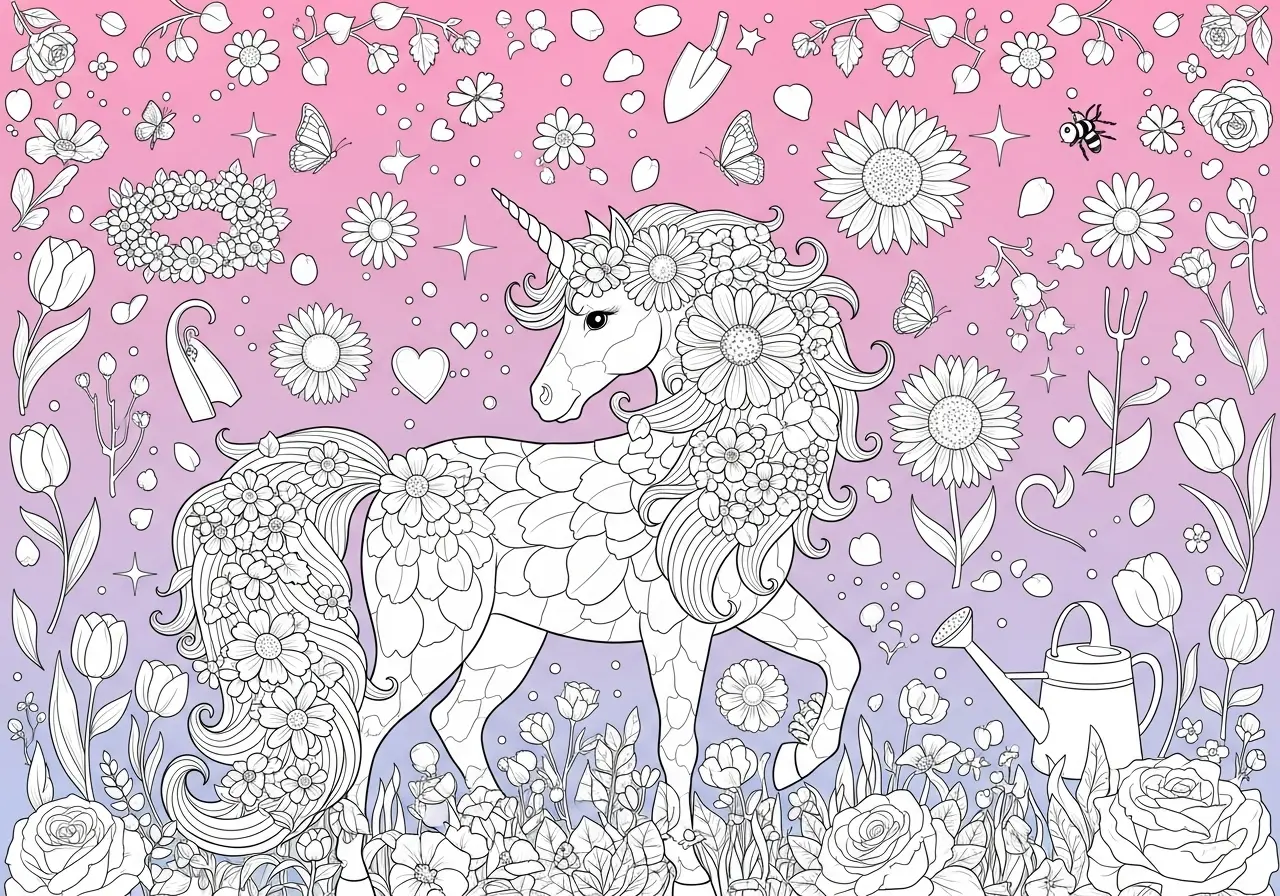 Beautiful unicorns surrounded by magical blooming flowers