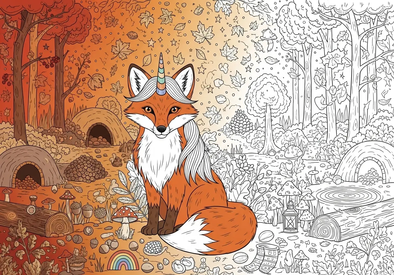 Clever foxes with unicorn horns and fluffy rainbow tails