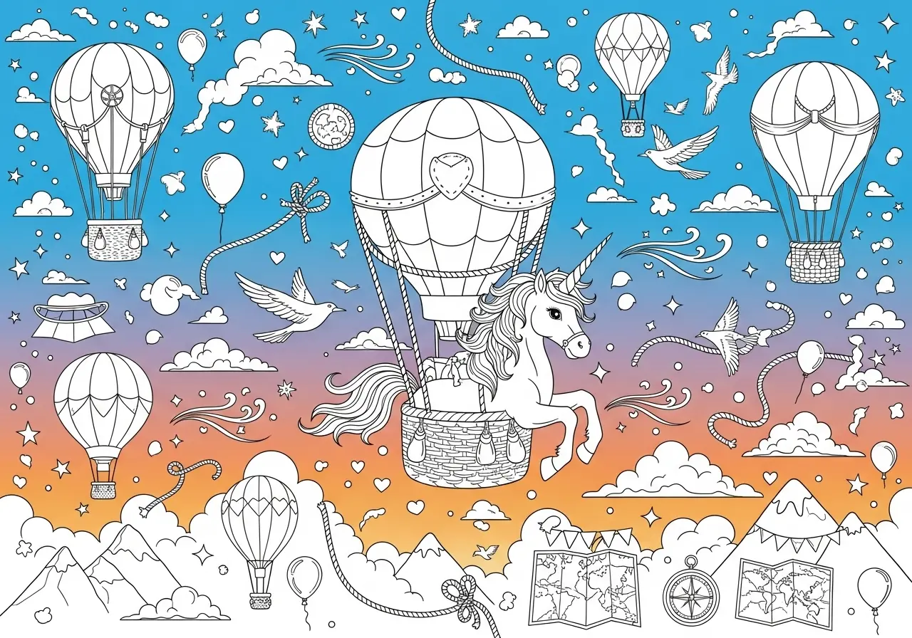 Adventurous unicorns soaring in colorful hot-air balloons above clouds