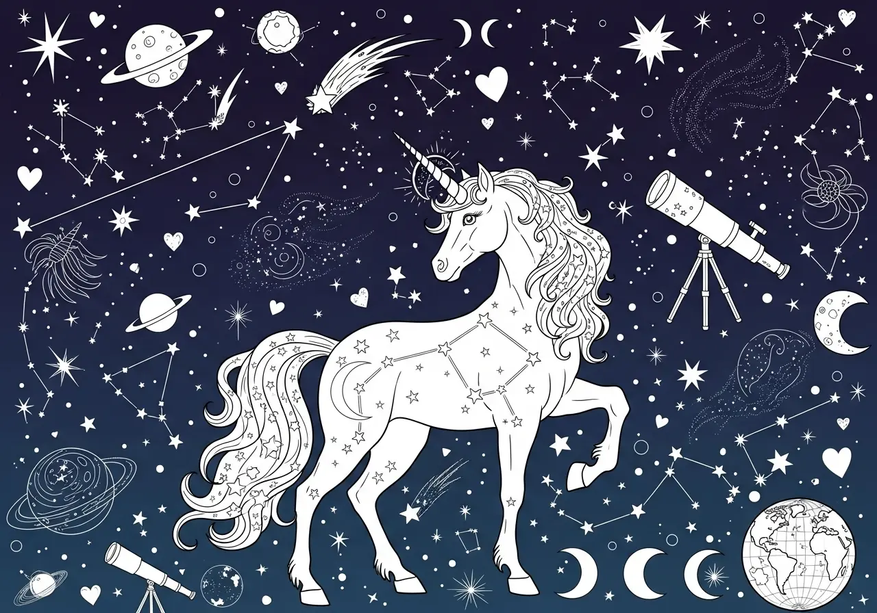 Celestial unicorns surrounded by twinkling stars and night sky