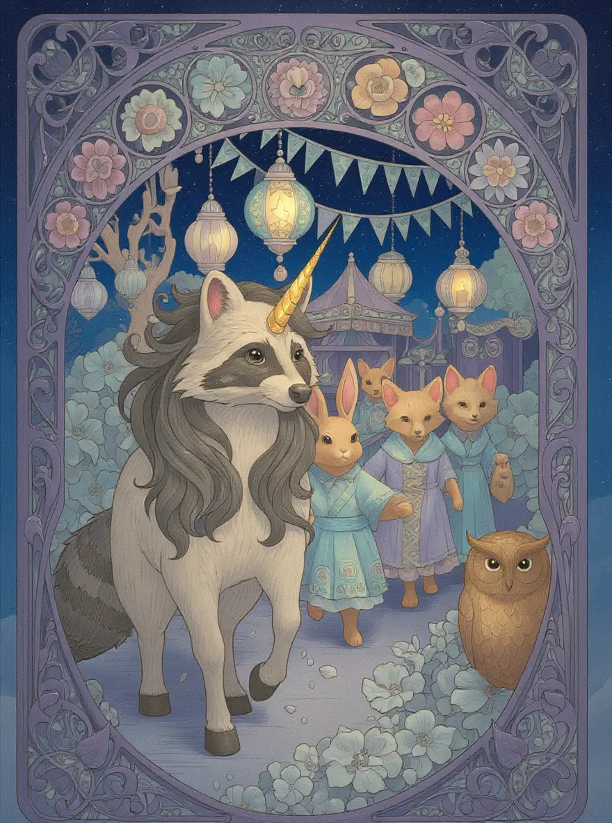 Art Nouveau Raccoon Unicorn Night Parade