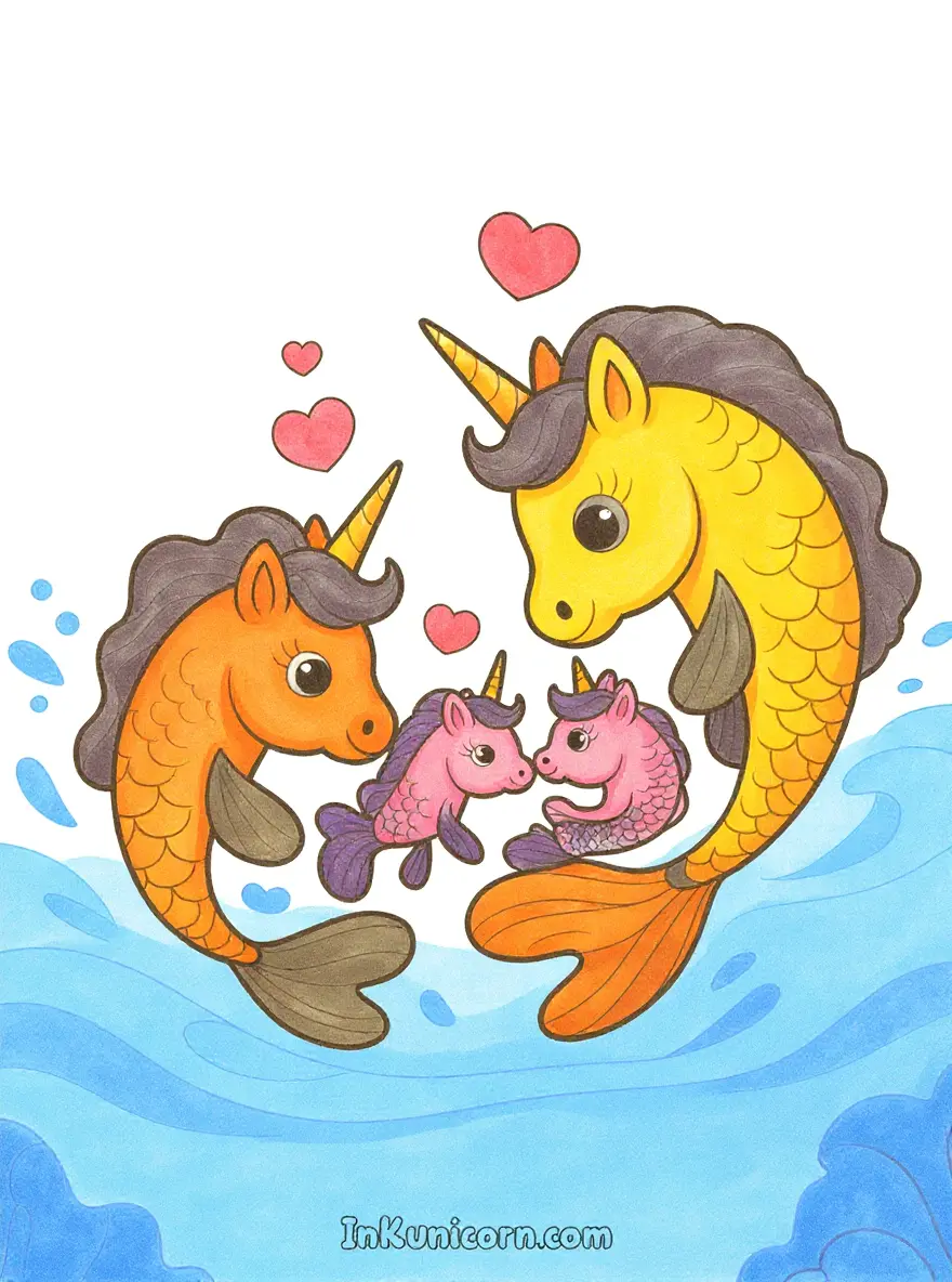 Cartoon Koi Fish Unicorn Family