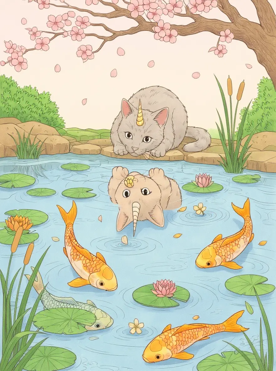 Cat Unicorn and Koi Pond
