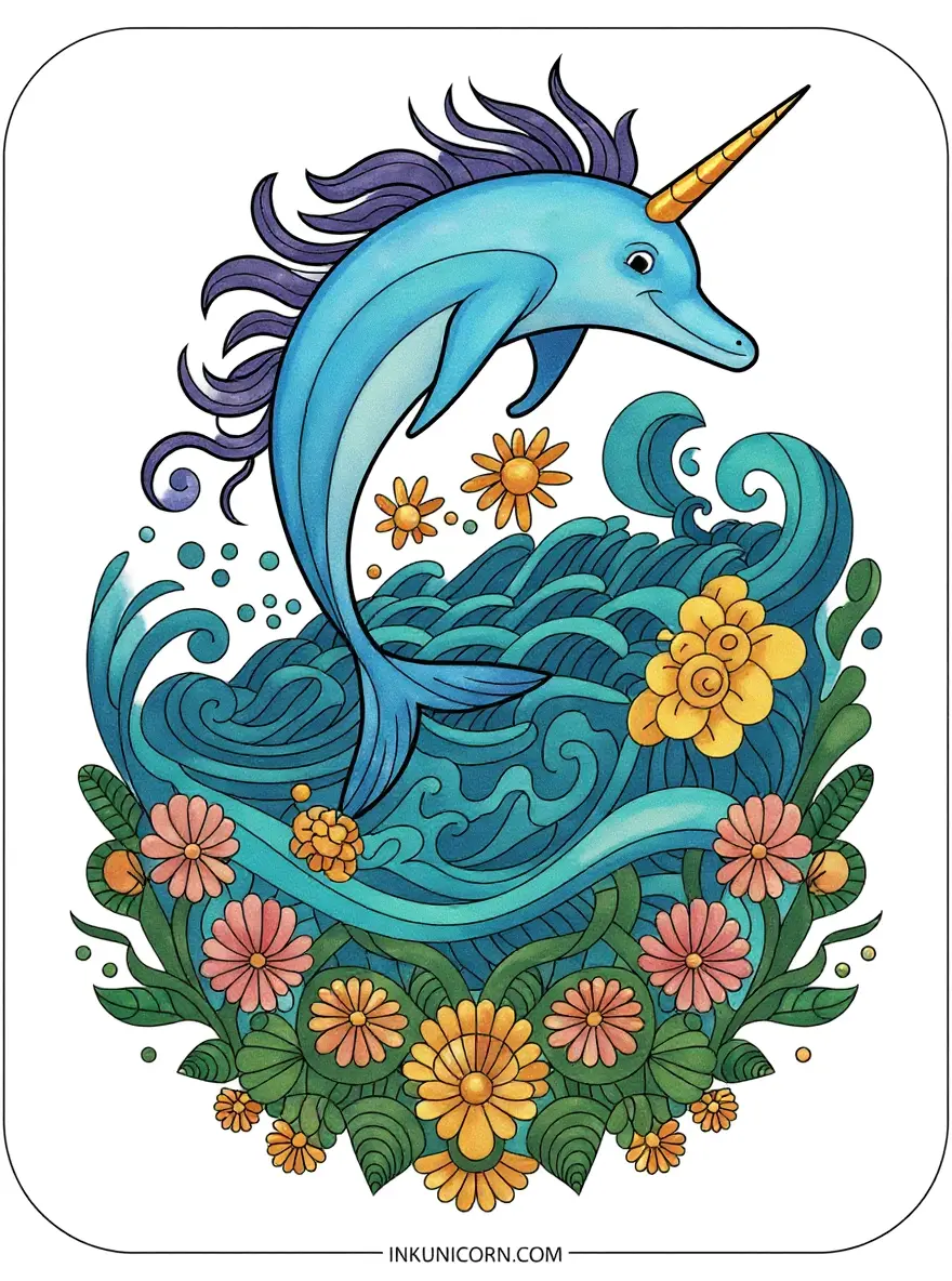 Dolphin Unicorn in Mandala of Flowers and Waves
