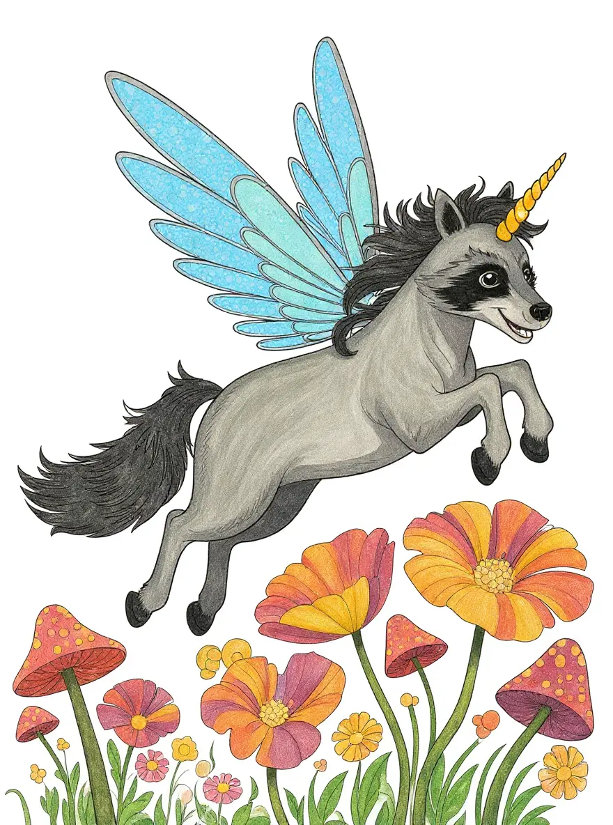 Fairy Raccoon Unicorn Dances In The Woods