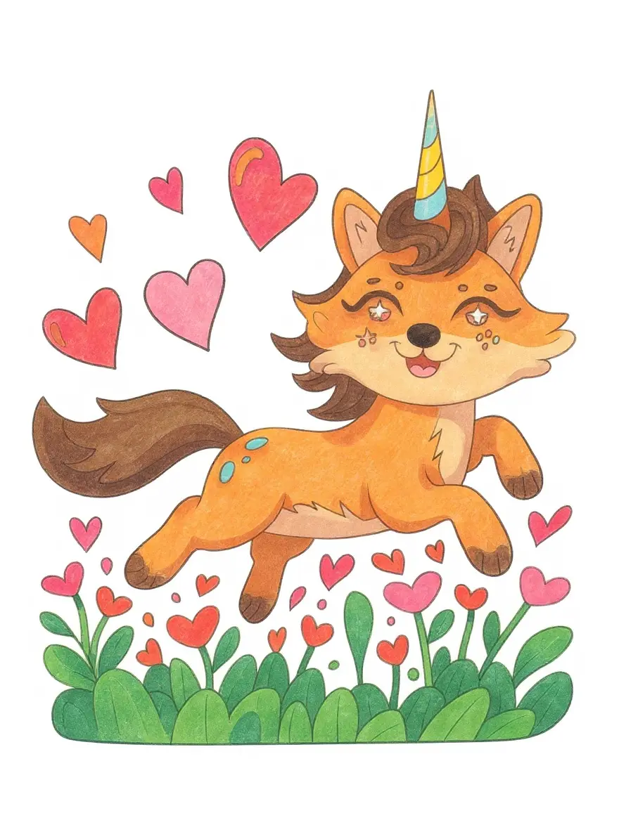 Fox Unicorn in Heart Garden