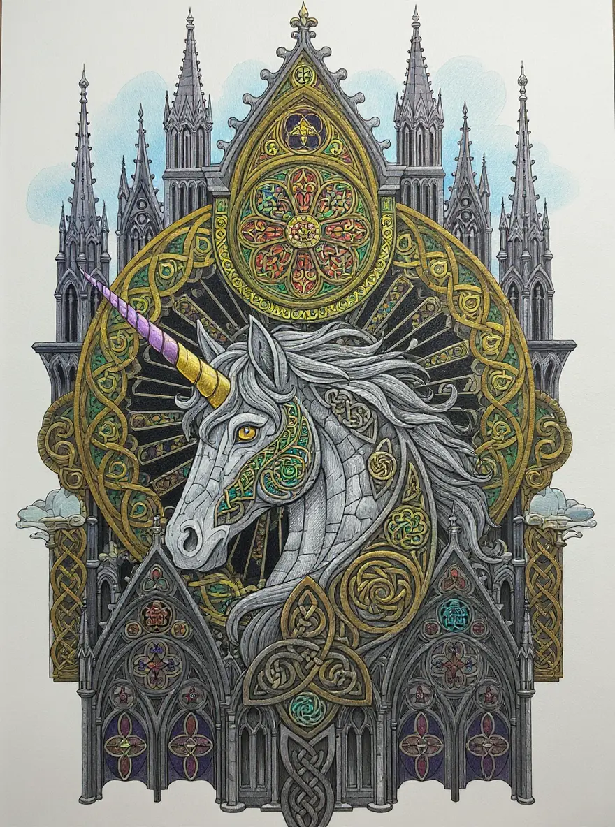 Gothic Unicorn Head With Celtic and Mandala Elements