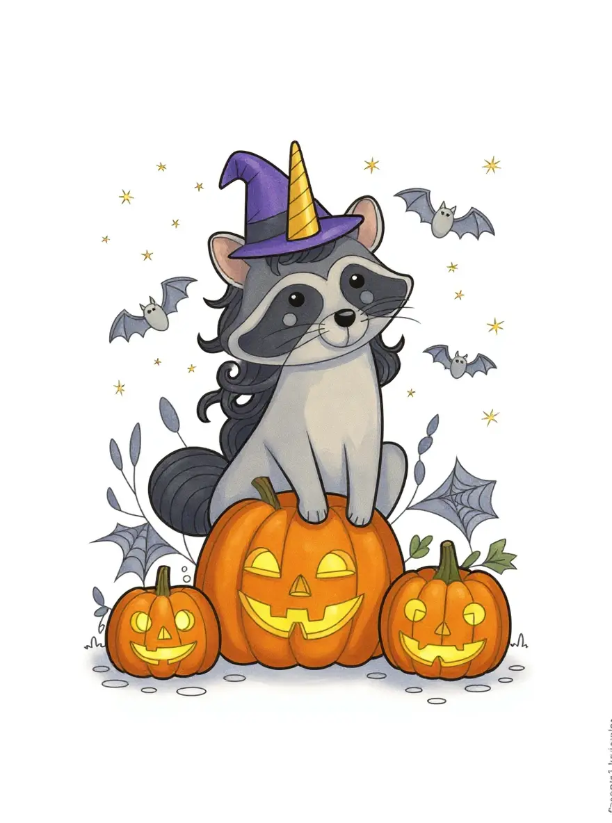 Halloween Raccoon Unicorn With Jack-o'-Lanterns