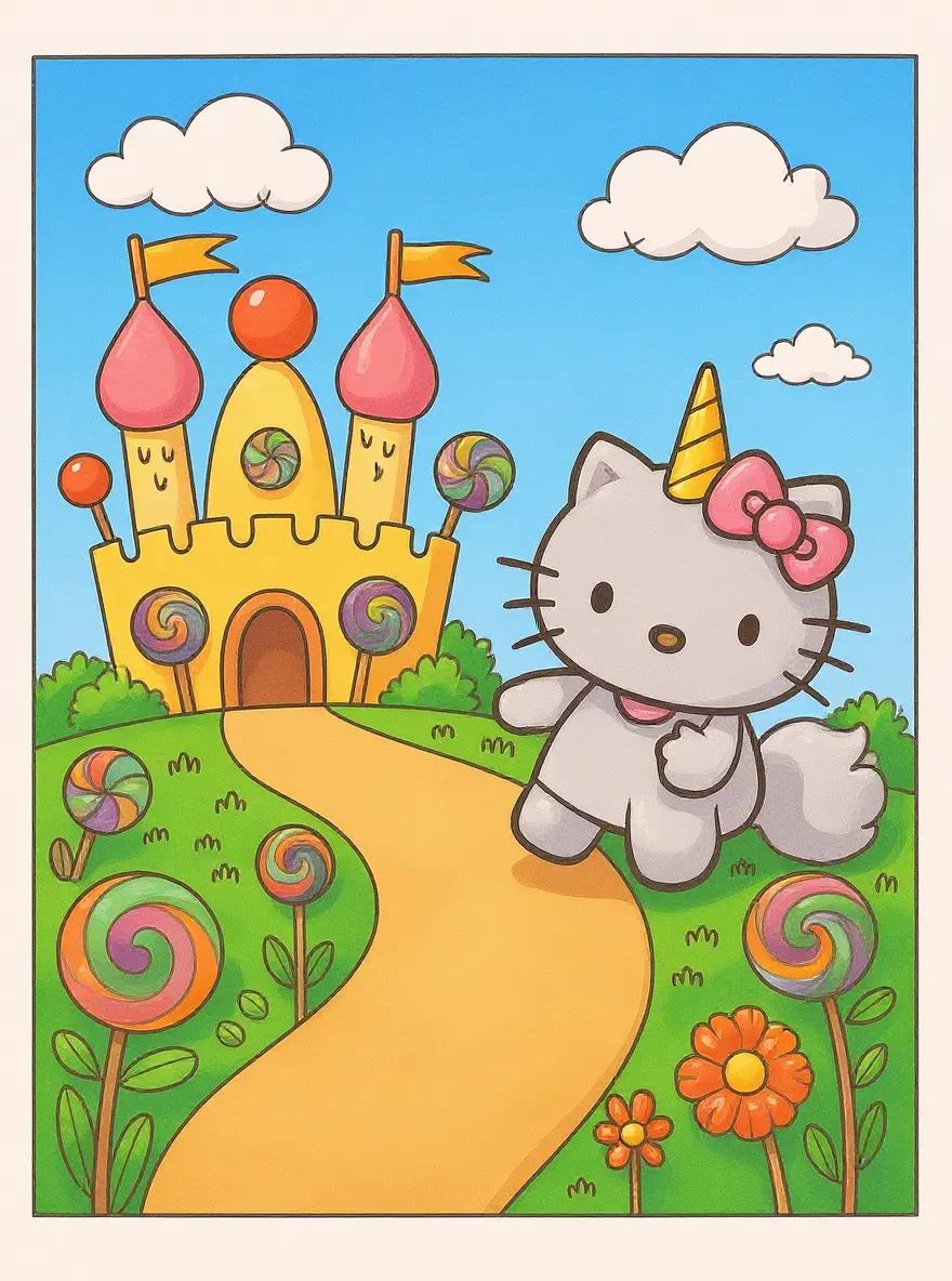 Hello Kitty Unicorn Visits a Candy Castle