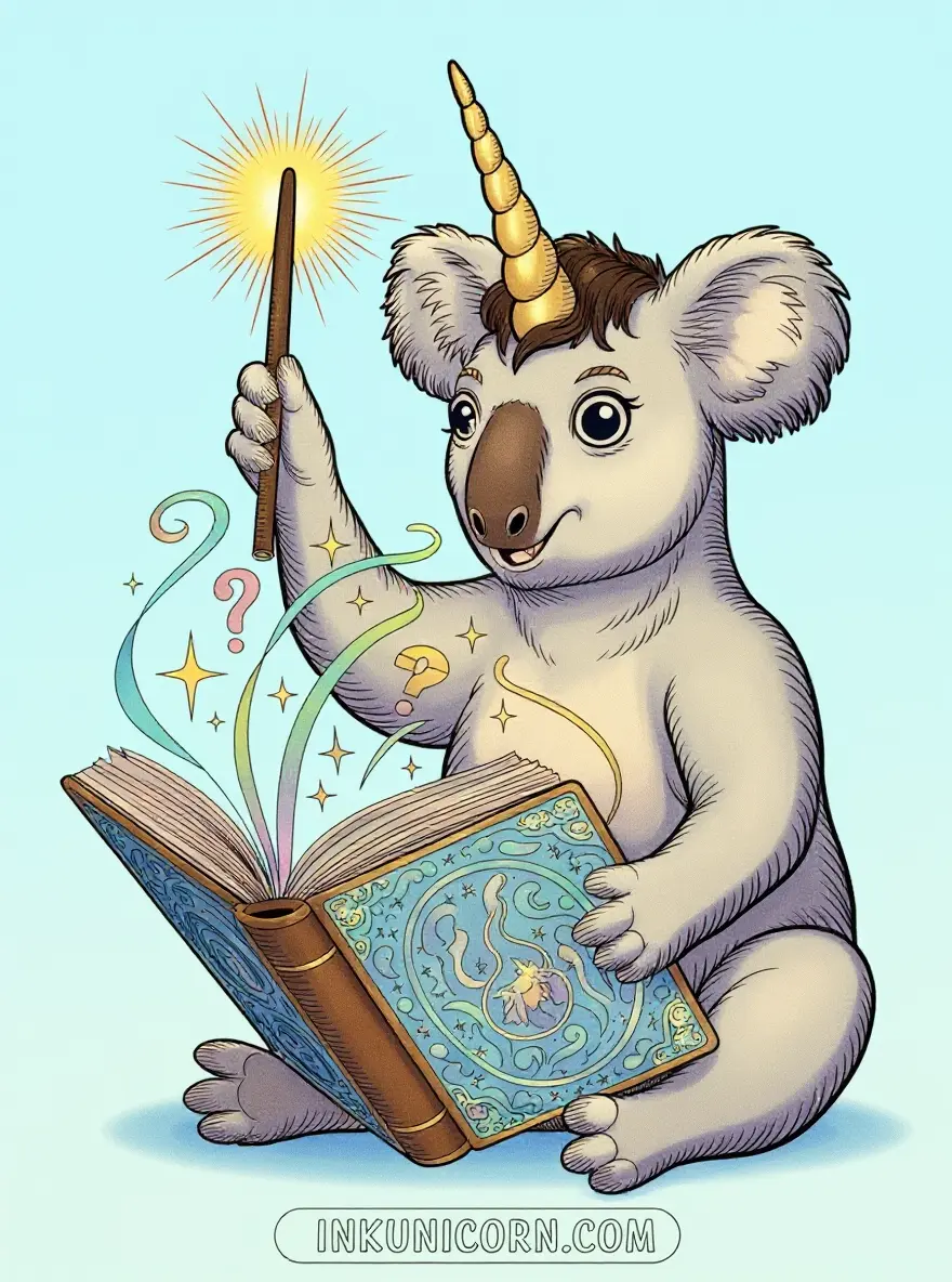 Koala Unicorn with a Magic Wand and Book