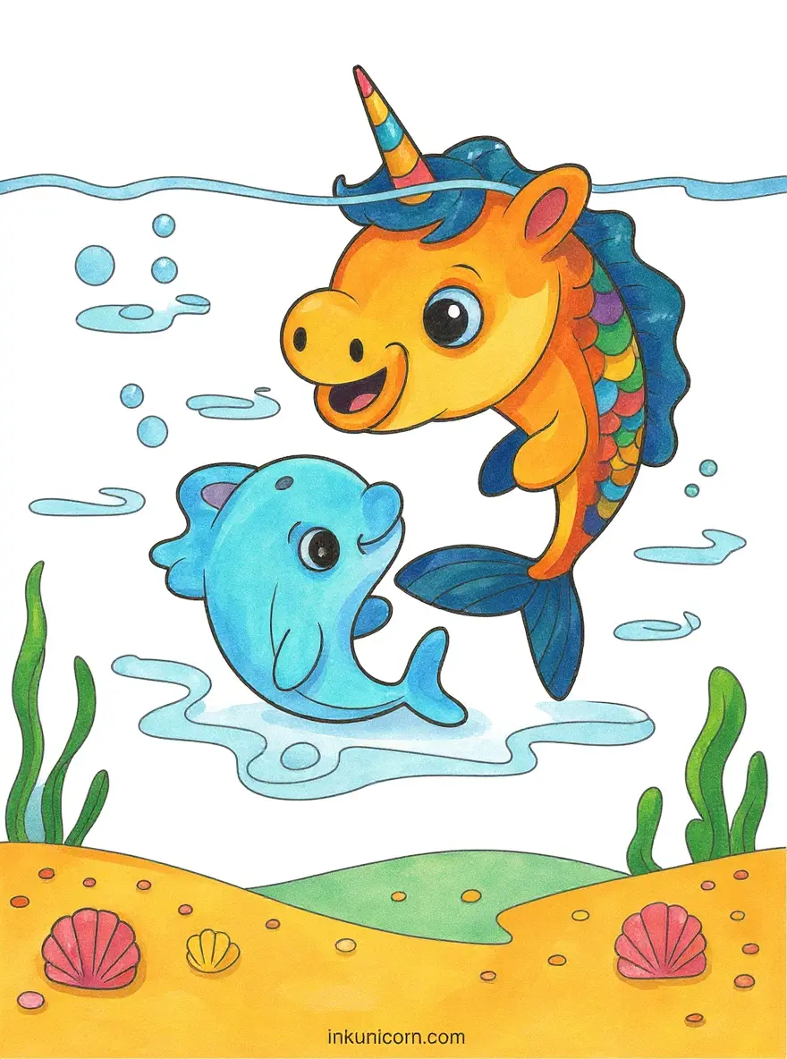 Koi Fish Unicorn with Baby Dolphin Friend