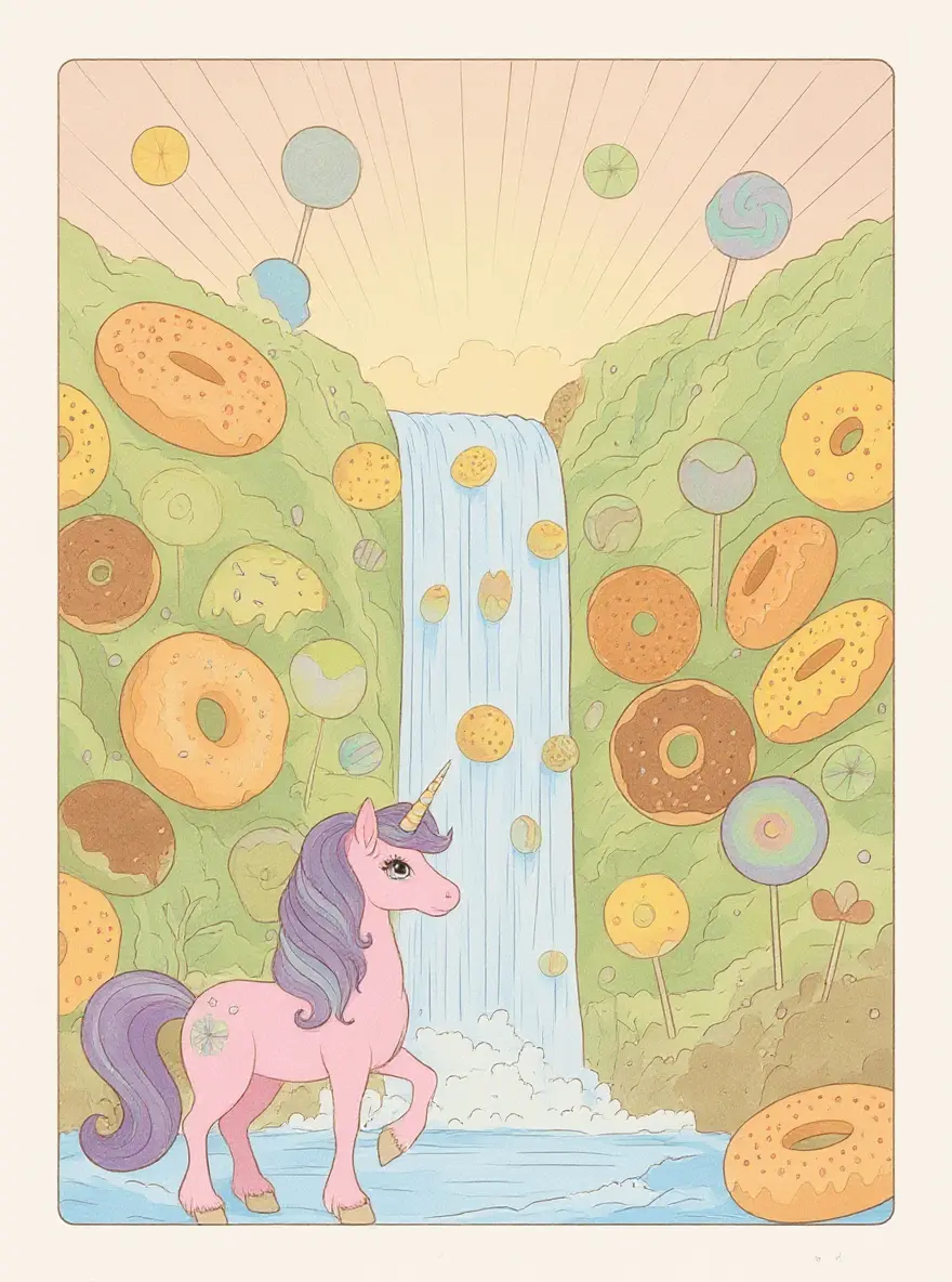 Lollipop Unicorn by the Donut Waterfall