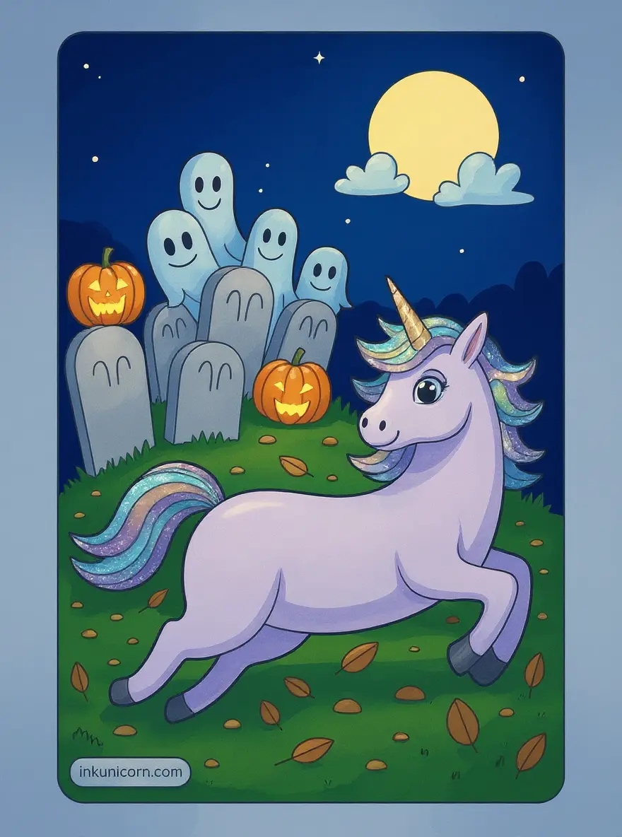Magical Unicorn in Moonlit Graveyard