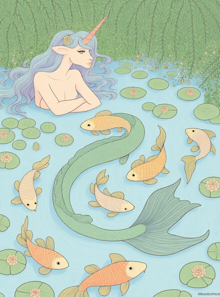 Mermaid Unicorn and Koi Fish Pond