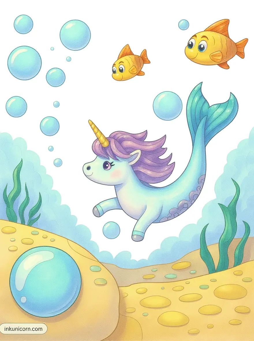 Mermaid Unicorn Chasing Bubbles