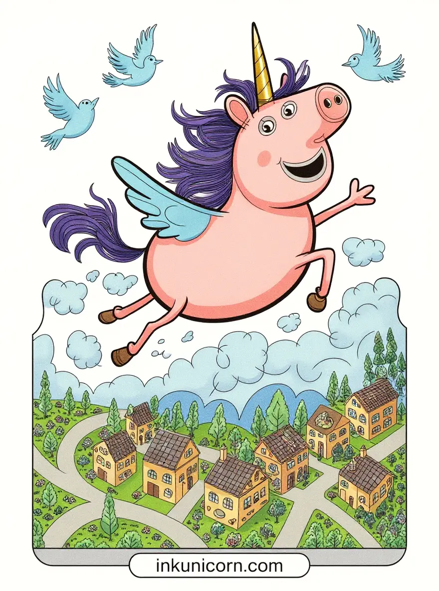 Peppa Pig Unicorn Flying Over a Town