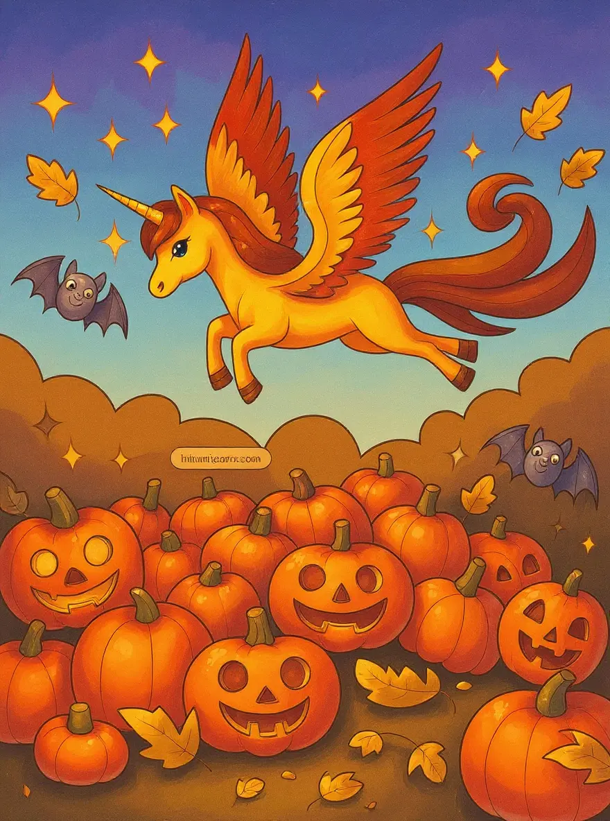 Phoenix Unicorn Flying Over Pumpkin Patch