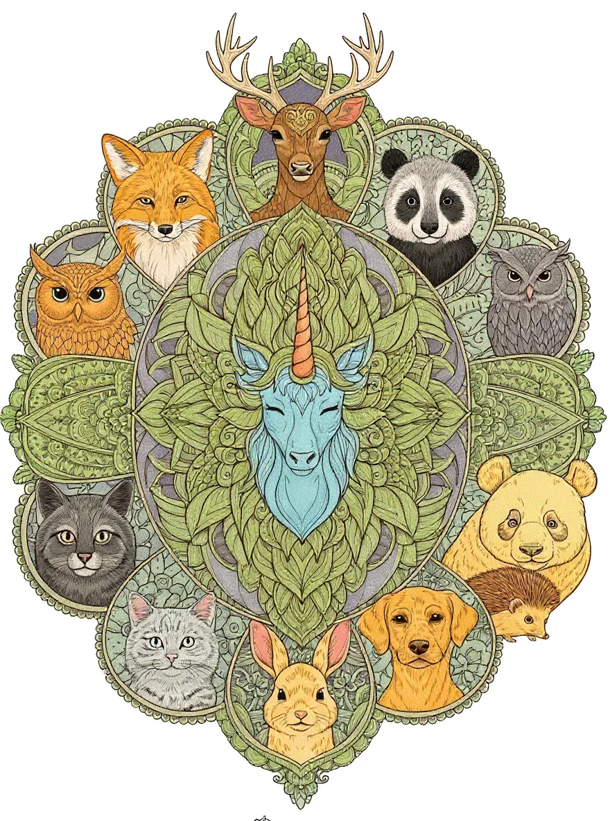 Qilin Unicorn Mandala with Real Animals