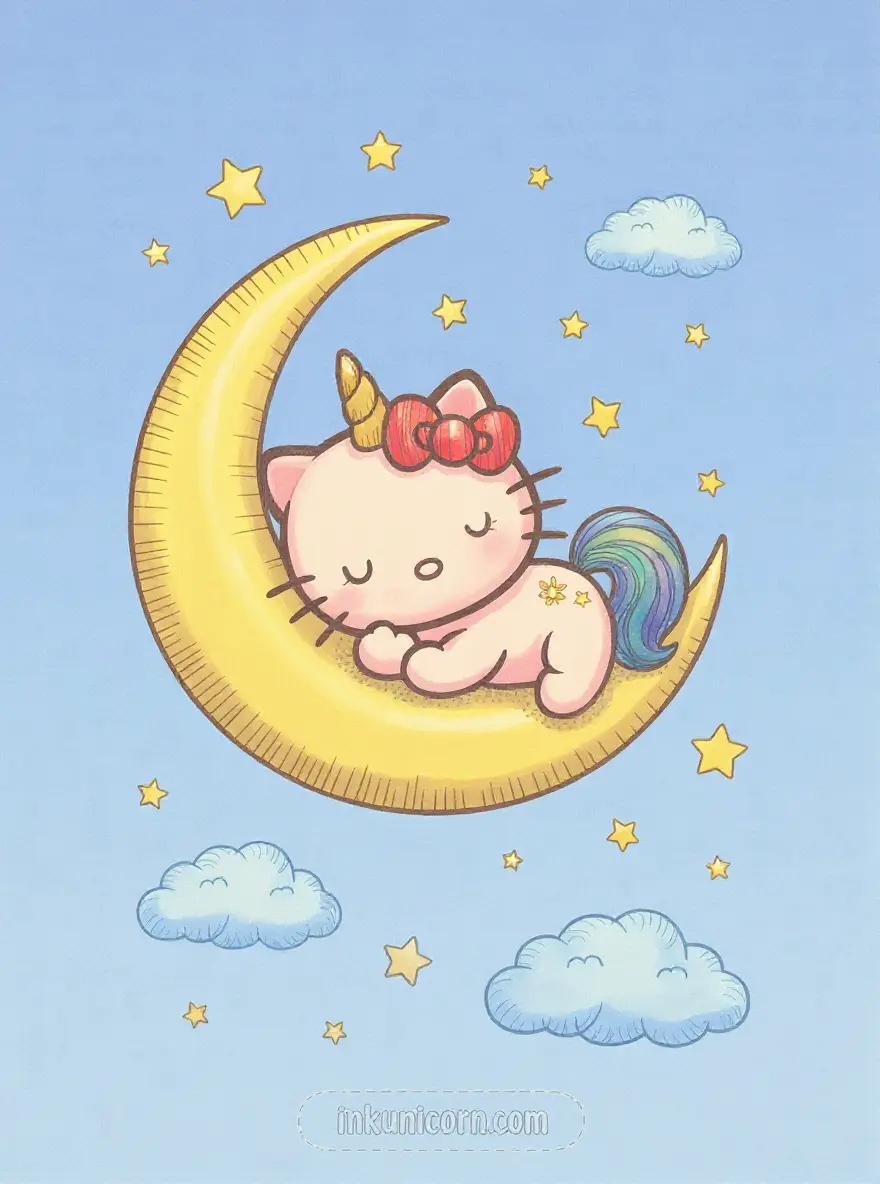 Sleepy Hello Kitty Unicorn on a Crescent Moon