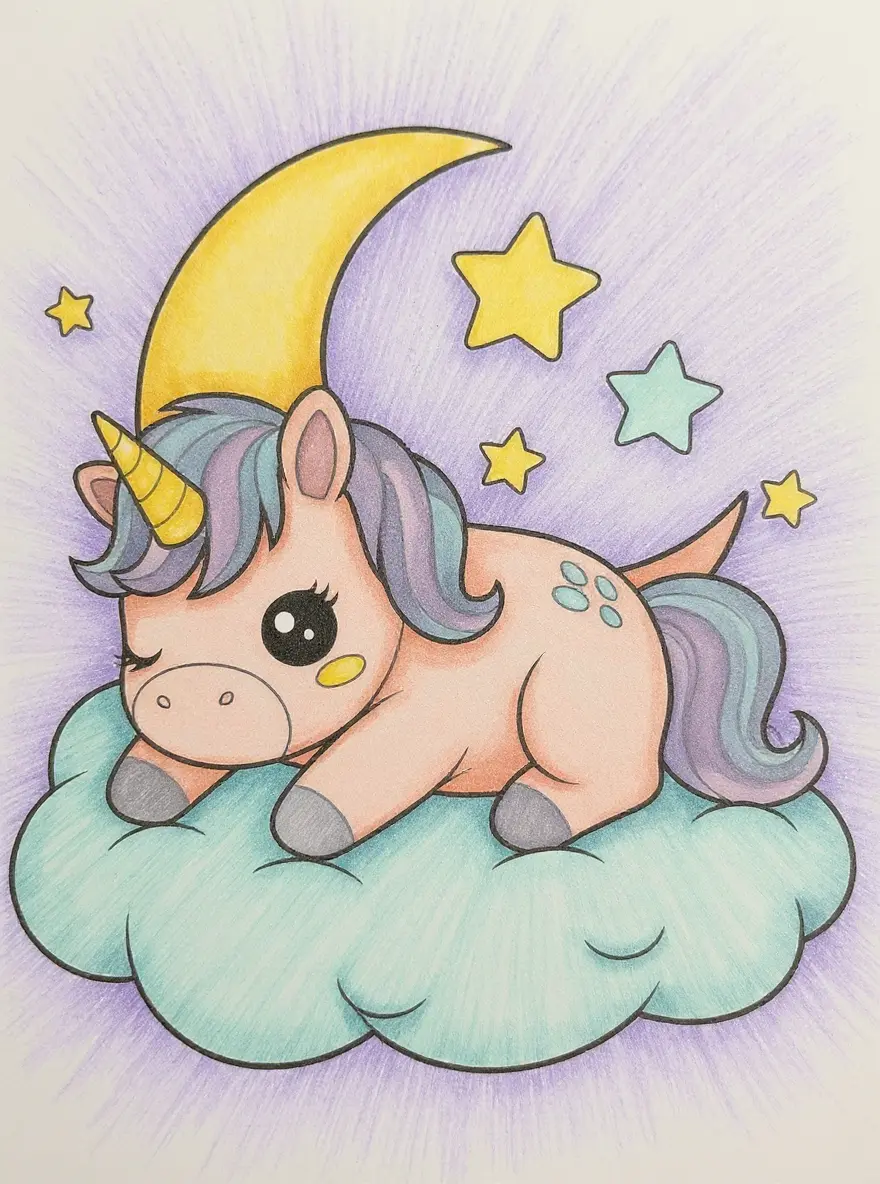 Sleepy Kawaii Unicorn On Cloud