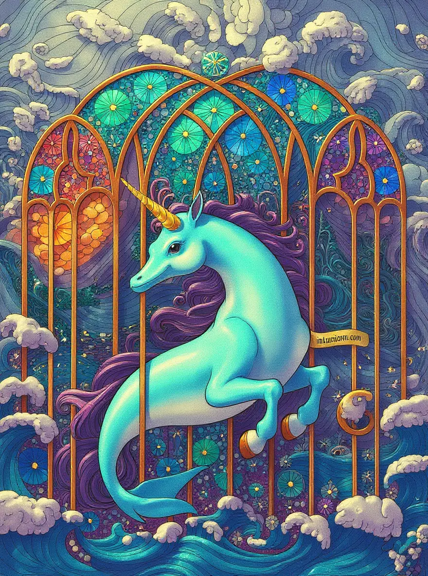 Stained Glass Dolphin Unicorn Fantasy
