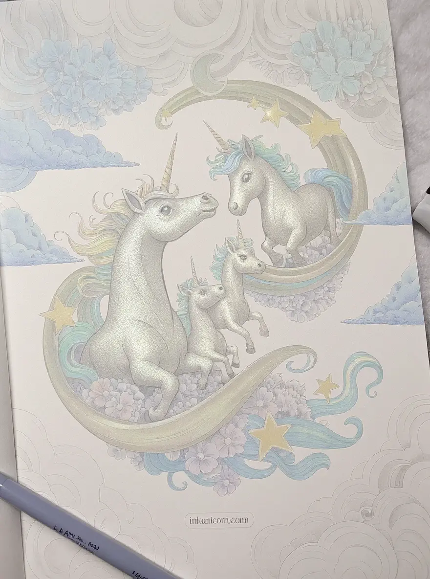 Surreal Floating Moon Unicorn Family
