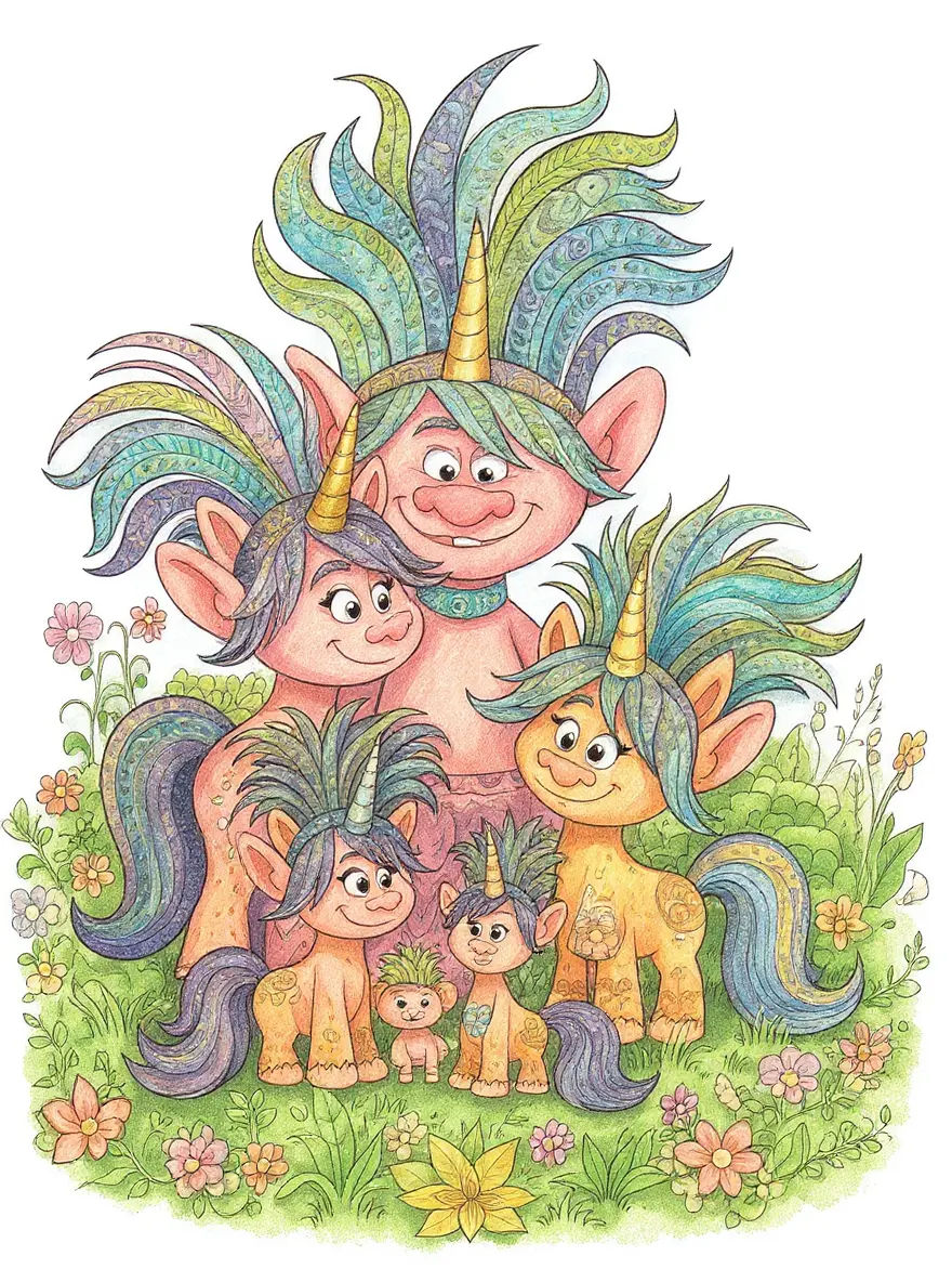 Trolls Unicorn Family In Zentangle Garden