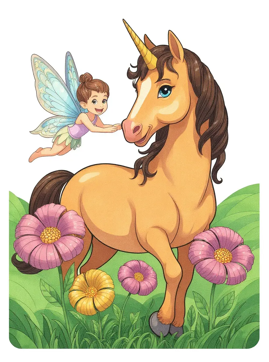 Unicorn and Fairy in Flower Field
