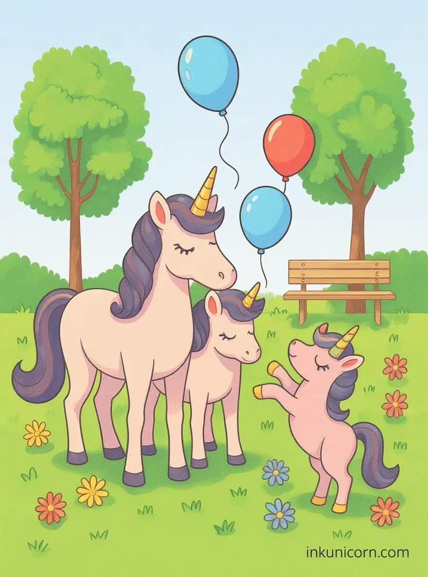 Unicorn Family With Balloons In Park