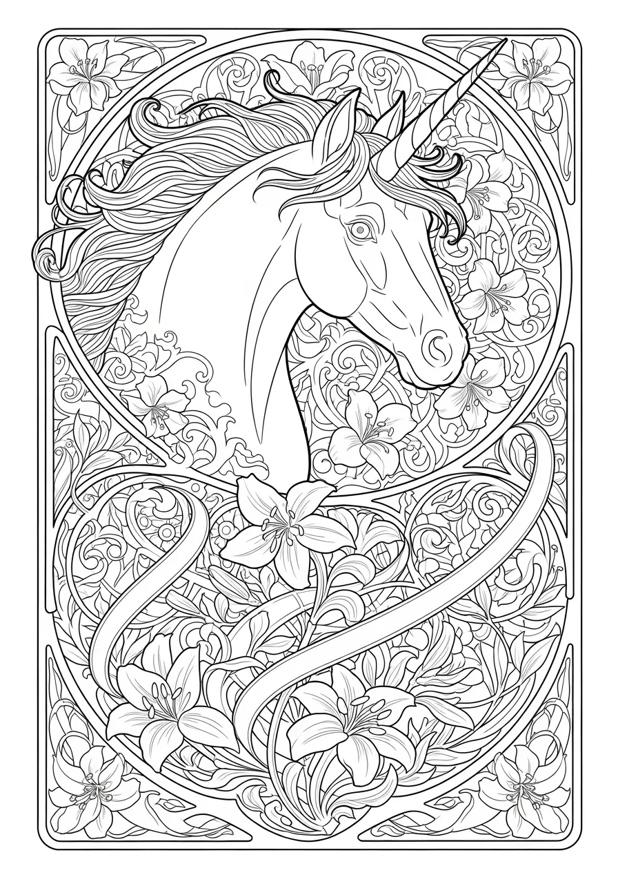 Art Nouveau Lilies Unicorn