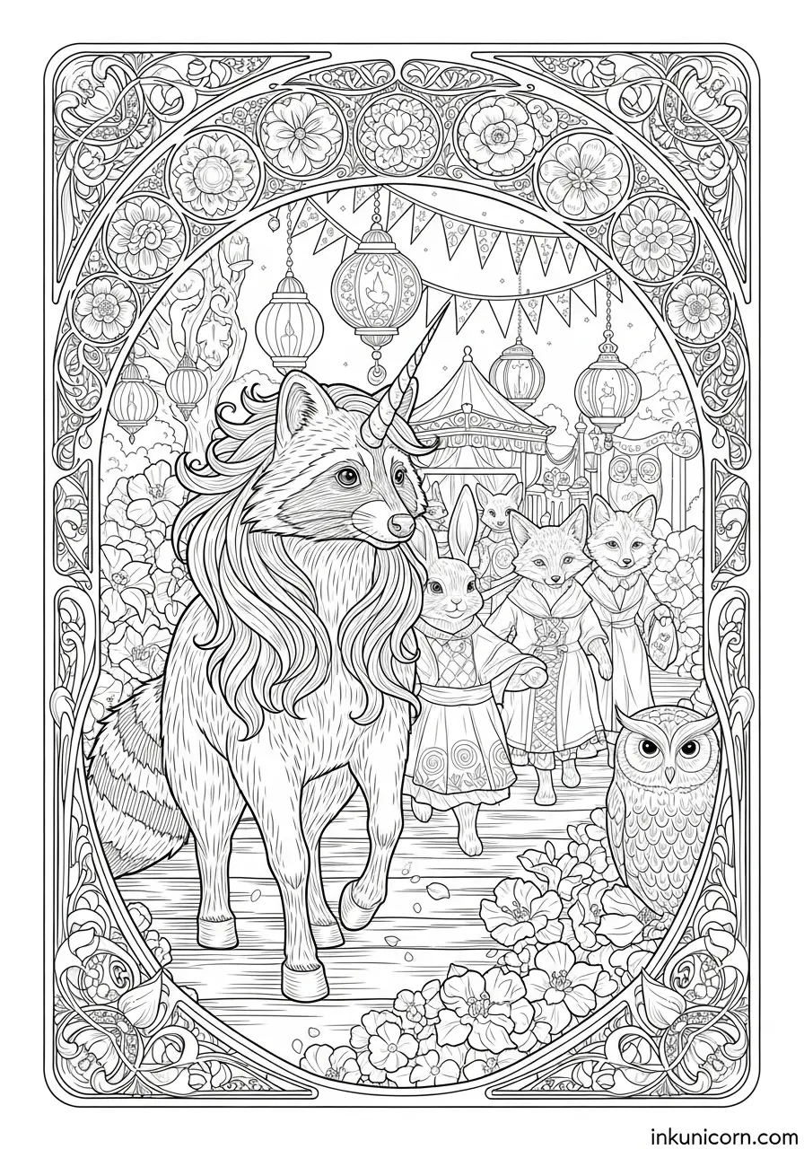 Art Nouveau Raccoon Unicorn Night Parade