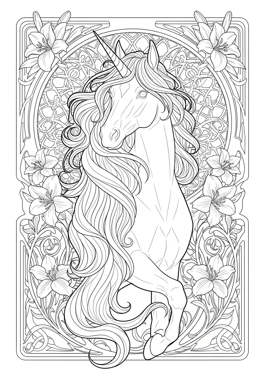 Art Nouveau Unicorn And Lilies
