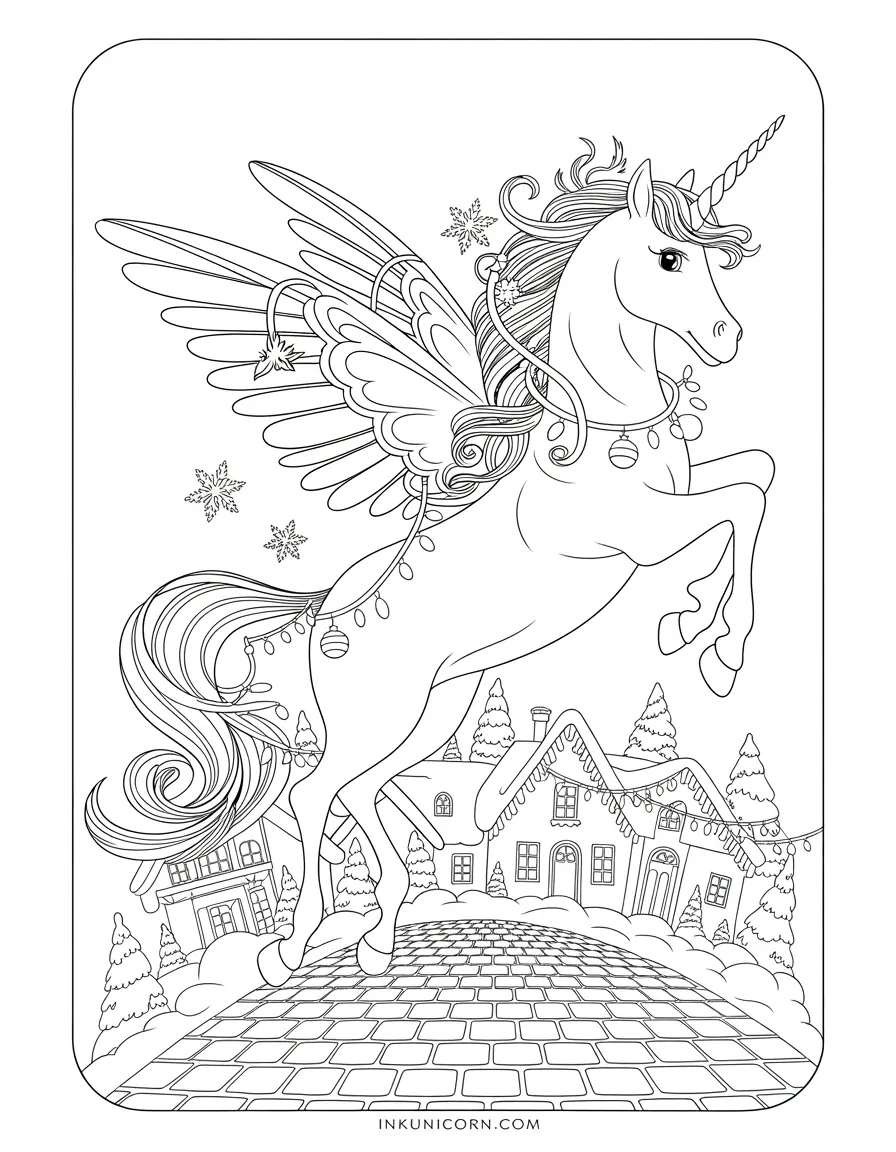 Christmas Fairy Unicorn in Snowy Village