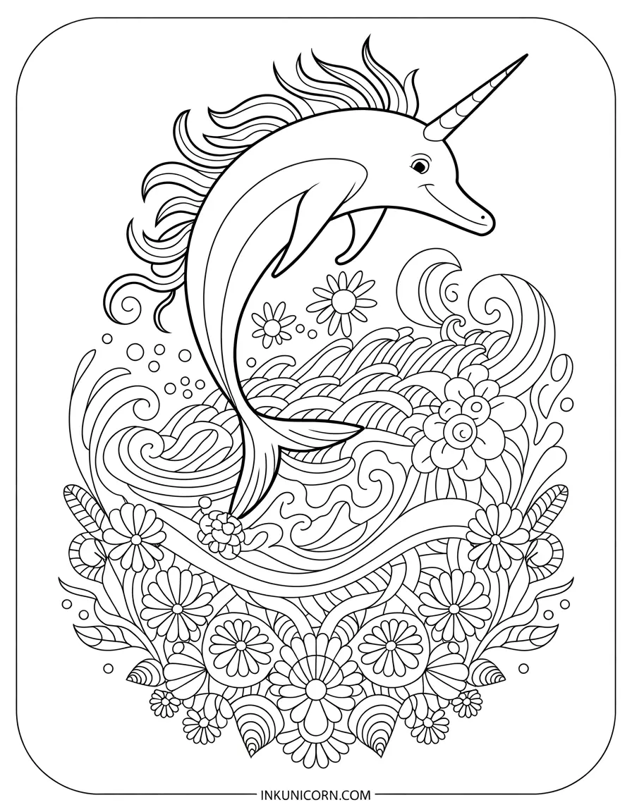 Dolphin Unicorn in Mandala of Flowers and Waves