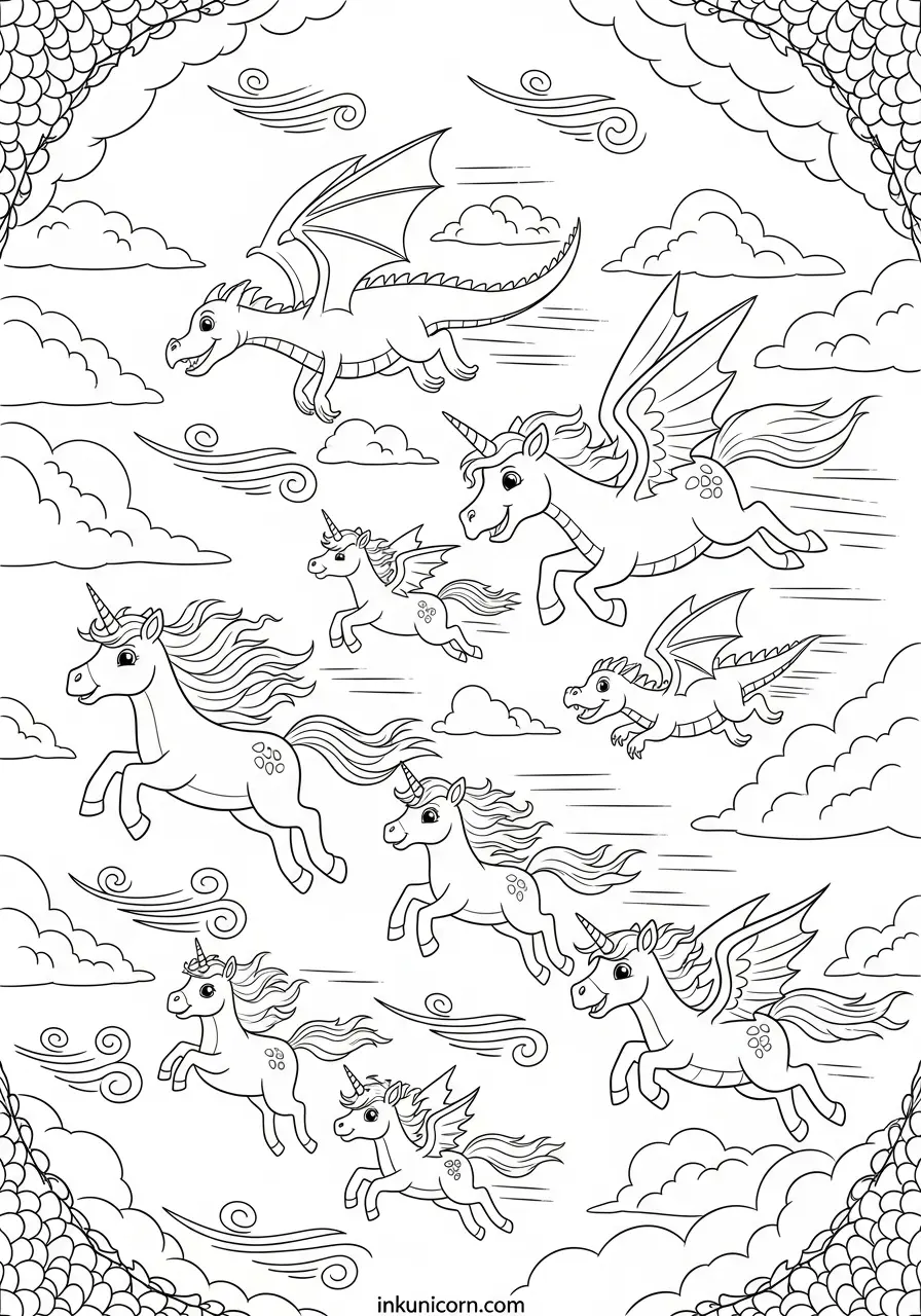 Family Unicorns Flying With Dragons