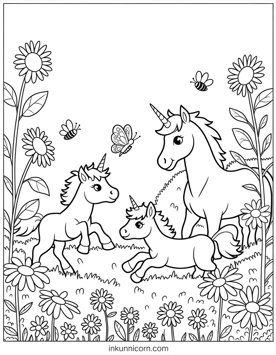 Family Unicorns In Flower Field