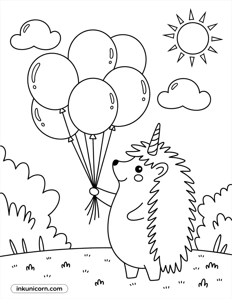 Hedgehog Unicorn With a Balloon Bouquet