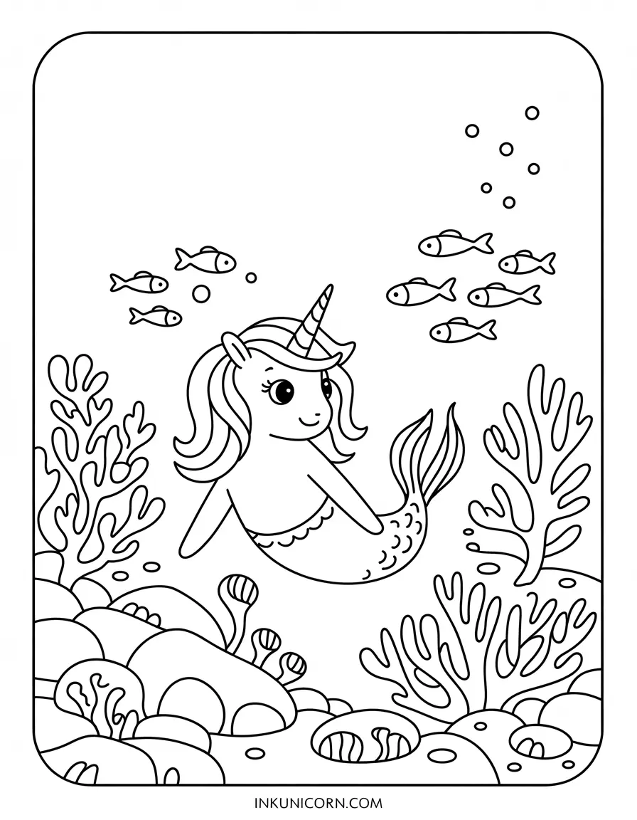 Mermaid Unicorn Peeking from Coral Cave