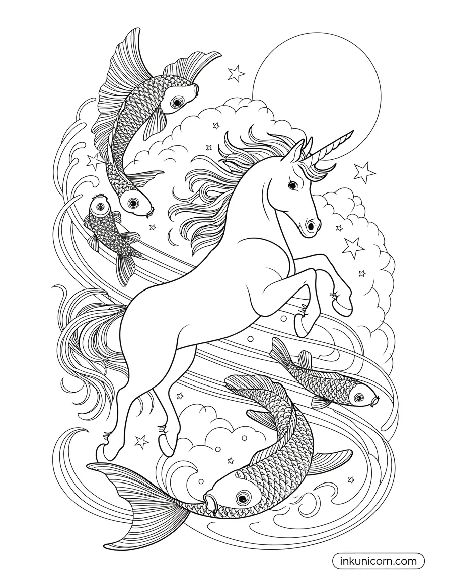 Moon Unicorn Flying with Koi Fish