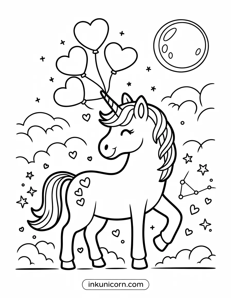 Moon Unicorn with Heart Balloons