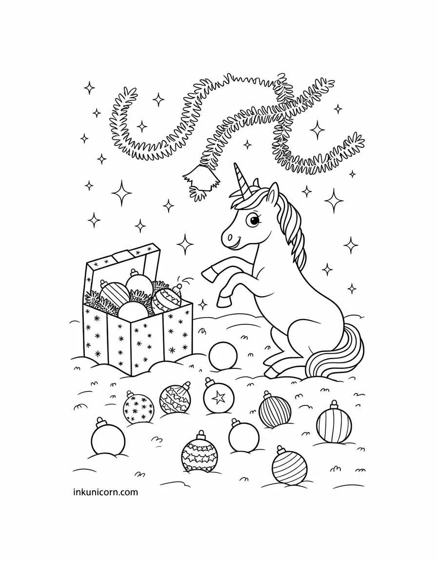 Unicorn Playing With Christmas Ornaments